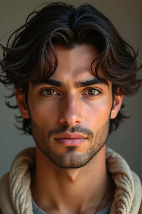 A young man with a wavy Middle part haircut, medium slanting big eyes, thick nose, full lips, oval and thin bones, moderately prominent chin, brown eyes and hair