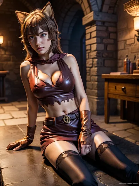 full body, (Liliruca Arde:1.3), a hot  sexy ,12 year old girl with no sleeves, red microskirt, belt, torn stockings, cleavage, brown boots, beautiful detailed eyes, animal ears, beautiful detailed lips, gloves, extremely detailed detailed face , long eyela...