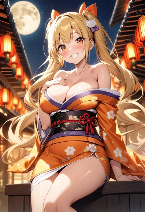 1girl, solo, long hair, breasts, looking at viewer, blush, smile, bangs, blonde hair, hair ornament, bow, cleavage, bare shoulders, twintails, collarbone, hair bow, outdoors, japanese clothes, sky, teeth, shiny, kimono, off shoulder, grin, shiny hair, oran...