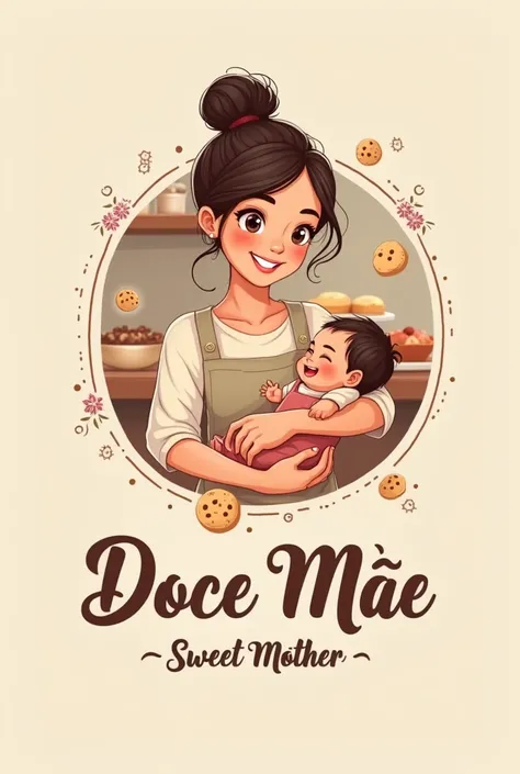 Create a logo for a bakery, a young woman and mother with a baby on her lap and cookie theme with name Doce Mãe in Portuguese 