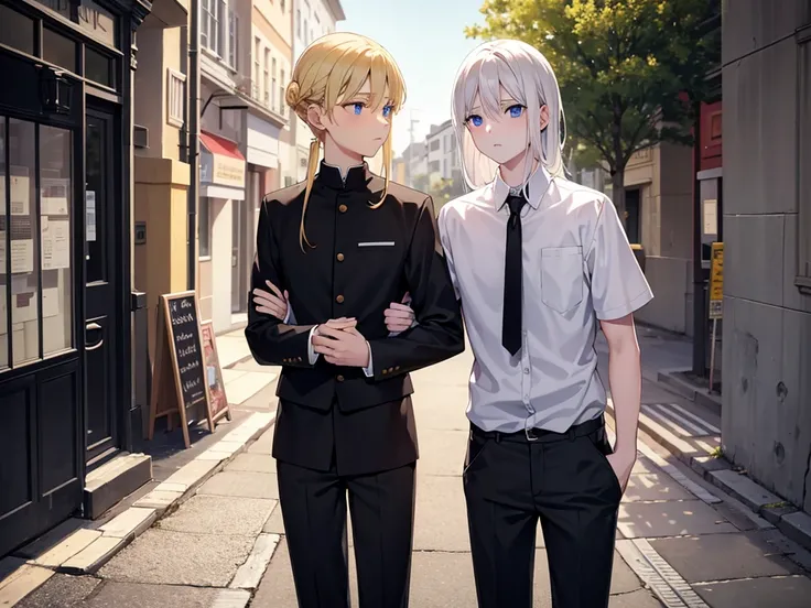 Group of friends one Blond blue eyes white skin One Black hair light eyes hugging the blond One brown hair talking to another boy 17 years old all in school uniform 