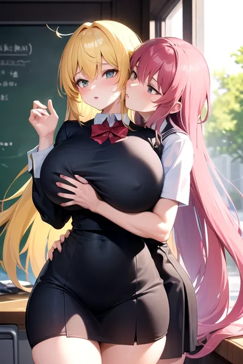 Lesbian (very long loose yellow hair)(big breasts, big thighs)(with school uniform clothes it is very tight) that he is kissing at school with his girlfriend,(big breasts, big thighs)lesbian love