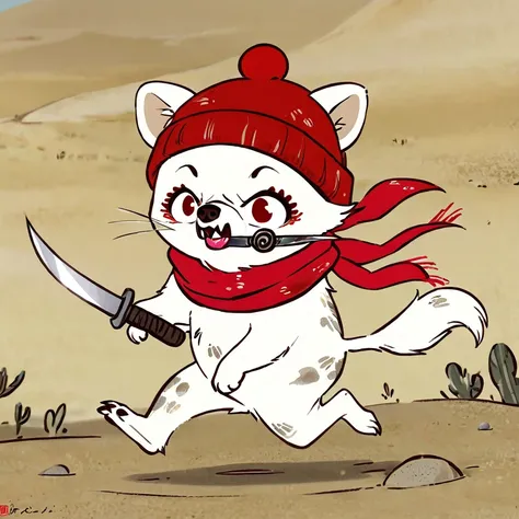 White Tanuki Hyena, Circle Eye, Red Pupil, Pug Mouth, Black beanie, red scarf, looking at viewer, holding Knife, Running, Desert, art by Kim Jung-Gi