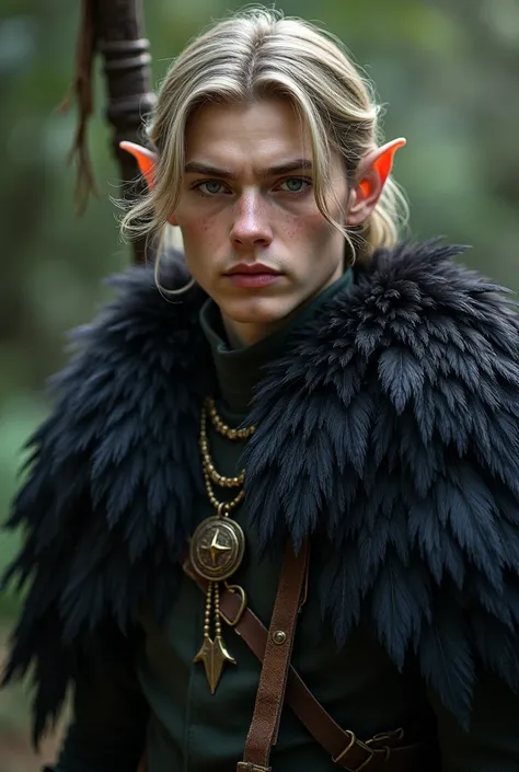 pale male elf, whit brown hair, using cloack of raven fether, 

