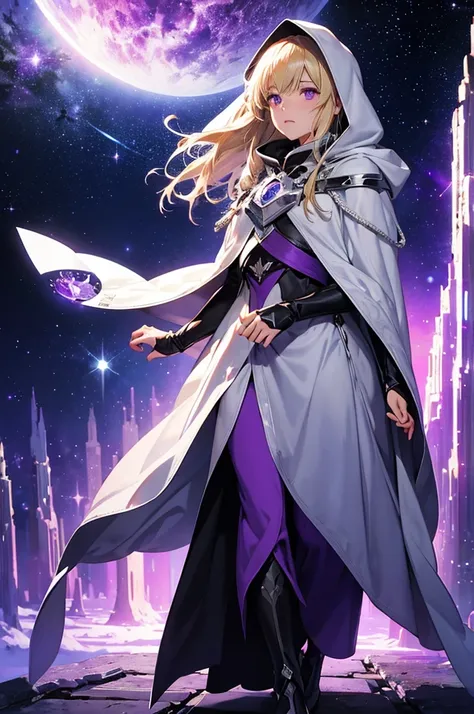 hooded silver cloak, female character, blonde hair, purple eyes, fantastic galactic world, gas aura, galactic atmosphere, radiance and shine of stars, luminescence, fairy-tale atmosphere, surrealism, abstraction, masterpiece, best quality