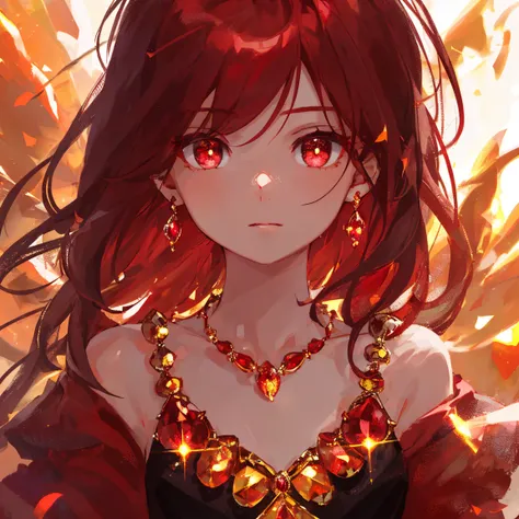 1 girl masterpiece, highest quality, shape, Ruby eyes and hair, Ruby earrings, Ruby necklace, flame, fire fairy, cute, (dynamic lighting:1.2), cinematic lighting, delicate features, fine eyes, sharp pupils, realistic student, written boundary depth, Bokeh,...