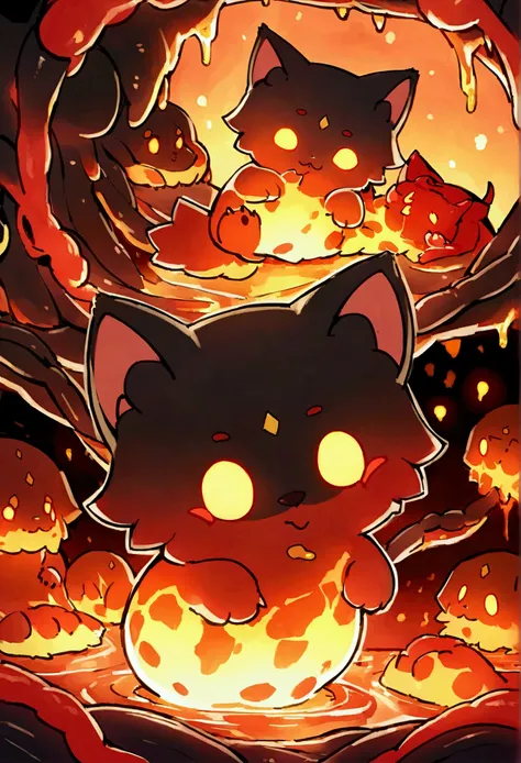 「Adorable kitten made from molten lava and swirling hot magma。Its fur is a mesmerizing dance of burning tentacles and glowing embers.。The kitten&#39;s eyes shine like bright coals、His little nose twitches with excitement as he plays with the sparks.。The la...