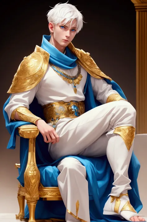 White short hair man, blue colored eyes,  sitting on a golden throne,  next to a white wolf,  not desert 