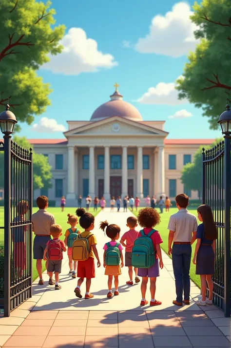 Pixar image of an emblematic educational institution Juan Pablo II where there are children entering the school and in the distance young professionals watching them 