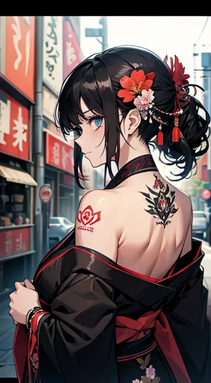 masterpiece, top quality, best quality, official art, beautiful and aesthetic:1.2),1girl, tattoo, solo, japanese clothes, red and black kimono, hair ornament, unsheathing, black hair, sheath, back tattoo, flower tattoo, blue eyes, off shoulder, bare should...