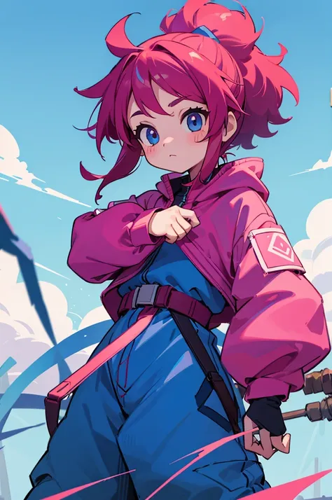 a female child, where she is dressed in adventure clothes, and your hair has the following blue colors, red and pink