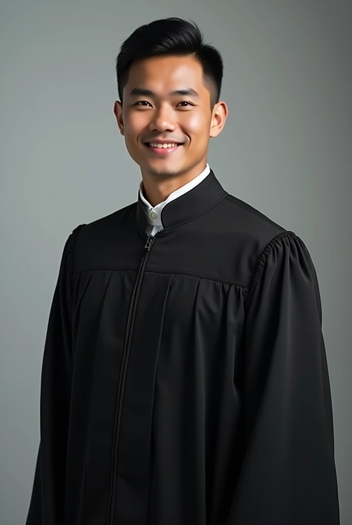 photo studio, 27 year old handsome Indonesian man wearing black Indonesian graduation gown in studio