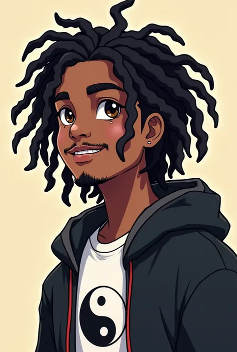 a drawing of an dark skin person with a black dreadlocks and a white shirt, wearing black hoodie with an yin Yang logo on it, halfbody portrait, tyler jacobson style, anime character, cel shade:15, young anime man, androgynous appearance, shaggy dreadlocks...