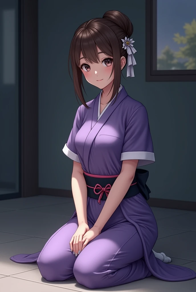 (超highest quality、In 8K、Masseter muscle part、delicate illustrations）、she is a very beautiful japanese housewife.（Around 25 years old）、Odango hairstyle（with hair ornament）、perfect body shape、（Japanese purple luxury kimono 1.1）、Clothes with open front、highes...