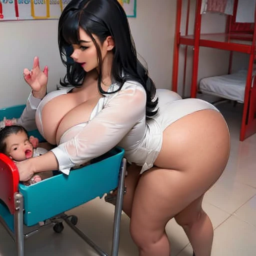 Bimbo with big ass and huge  in lace micro bra playing with kindergarten people, with newborn black African babies , children , nursery  