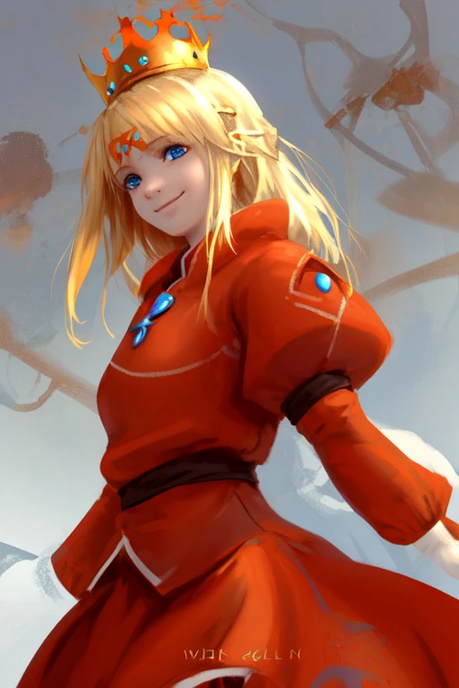 Characters from the game guardian tales,Girl1,Little Princess,blonde hair,blue eyes,crown,red coat,Orange Shirt,Two-layer skirt in orange and white,Alone,,smile