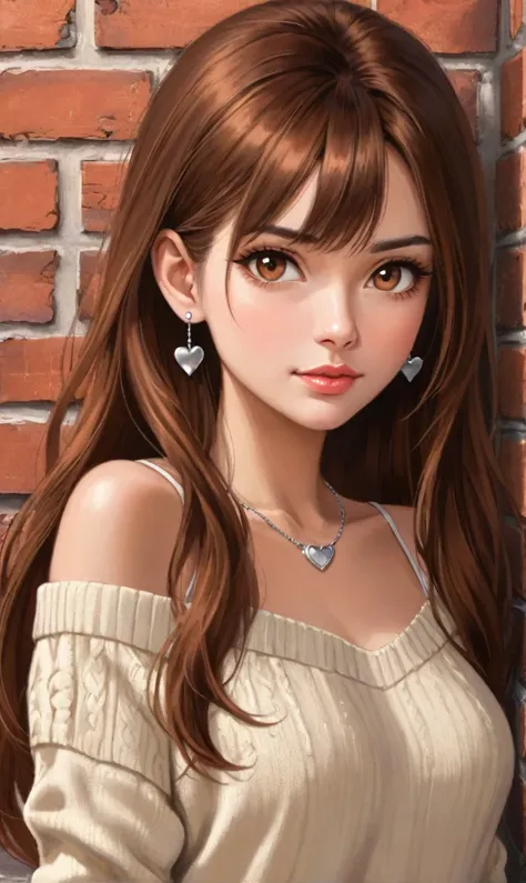 1girl,solo,long hair,looking at viewer,brown hair,shirt,brown eyes,jewelry,closed mouth,upper body,heart,earrings,necklace,off shoulder,sweater,lips,realistic,brick wall