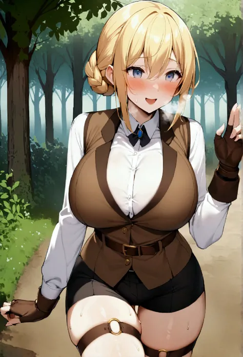 score_9、score_8_up、score_7_up、score_6_up、source_アニメ、rating_explicit、One girl、solo、Big Breasts、Blonde Hair、Hair between the eyes、Hair Intake、Grey Eyes、blue eyes、short hair、Side Lock、Braided bun、White shirt、Brown vest、Brown belt、Long sleeve、Fingerless gloves...