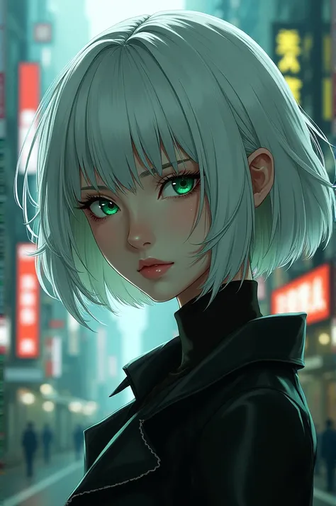 A girl with short white hair and bangs, strong green eyes, a slight smile on his face, Tokyo revengers.