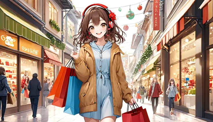 A 20-year-old girl with brown hair and headphones、Scene walking through a shopping district。
background：Bustling shopping district。
expression：Happy smile。
Costume：Casual and slightly stylish holiday style。
Pause：Strolling around with shopping bags。
scene：...