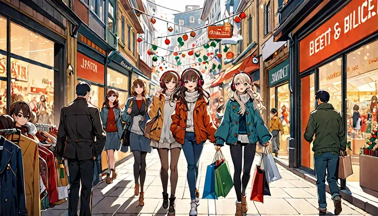 A 20-year-old girl with brown hair and headphones、Scene walking through a shopping district。
background：Bustling shopping district。
expression：Happy smile。
Costume：Casual and slightly stylish holiday style。
Pause：Strolling around with shopping bags。
scene：...