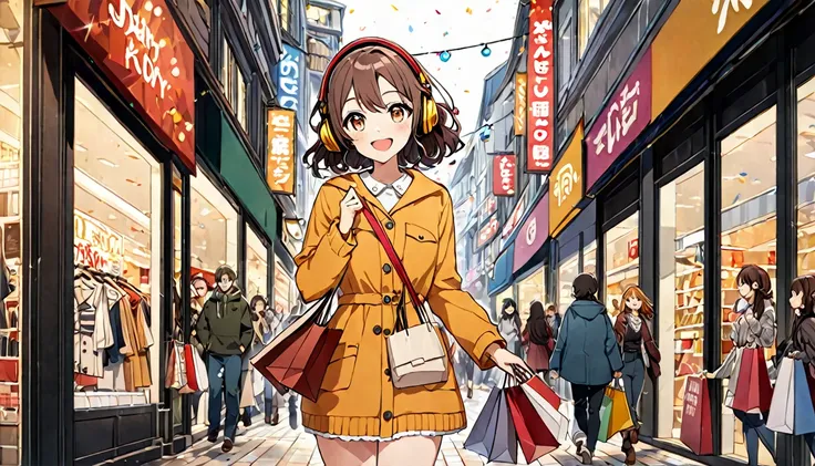 A 20-year-old girl with brown hair and headphones、Scene walking through a shopping district。
background：Bustling shopping district。
expression：Happy smile。
Costume：Casual and slightly stylish holiday style。
Pause：Strolling around with shopping bags。
scene：...