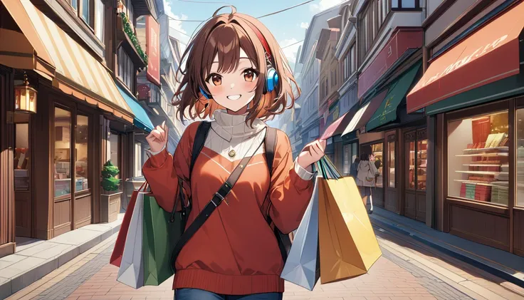 A 20-year-old girl with brown hair and headphones、Scene walking through a shopping district。
background：Bustling shopping district。
expression：Happy smile。
Costume：Casual and slightly stylish holiday style。
Pause：Strolling around with shopping bags。
scene：...