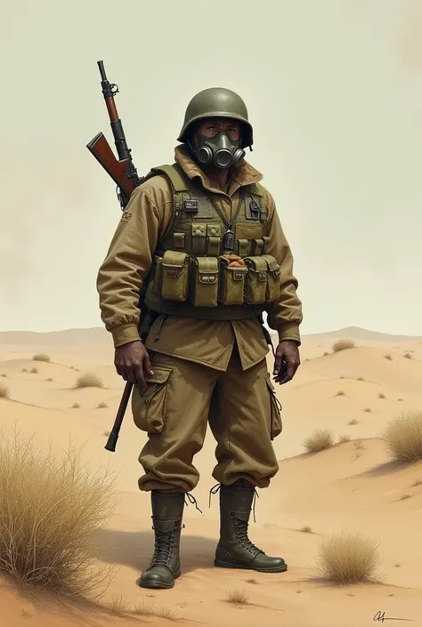 Soldier with vest and helmet gas mask and rifle on his back in an empty desert drawn image world war ii