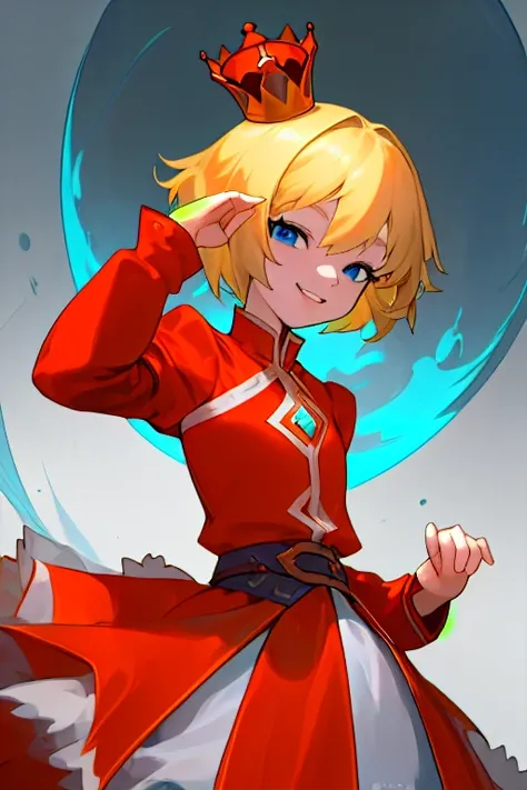 Characters from the game guardian tales,Girl1,Little Princess,blonde hair,short hair,blue eyes,crown,red coat,Orange Shirt,Two-layer skirt in orange and white,Alone,,smile,look at the viewer,Highly detailed images,Outstanding Achievements,