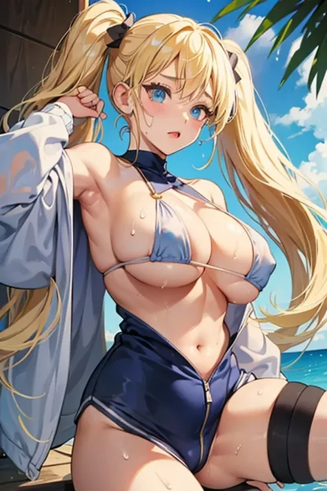 Blonde、Long twin tails、Micro Bikini、Very big breasts、Sideboob、Underboob、Big Breasts、Big Tits、Huge Tits、White skin、Big Eyes、、Acrobatic pose、Leg spread、Wet crotch、Sweat