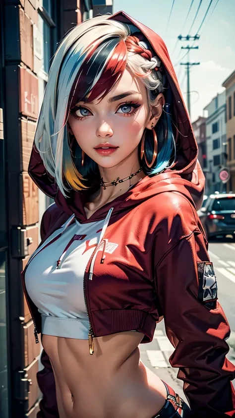 (hooded sweatshirt:1.1),((masterpiece)), ((best quality)), (ultra-detailed), ((extremely detailed)), 4K, (8K), best quality, (beautiful), extremely detailed,young girl, Cool Girl,(1girl), solo,bob cut,side braid,(two-tone coloring:1.6),beautiful white hair...