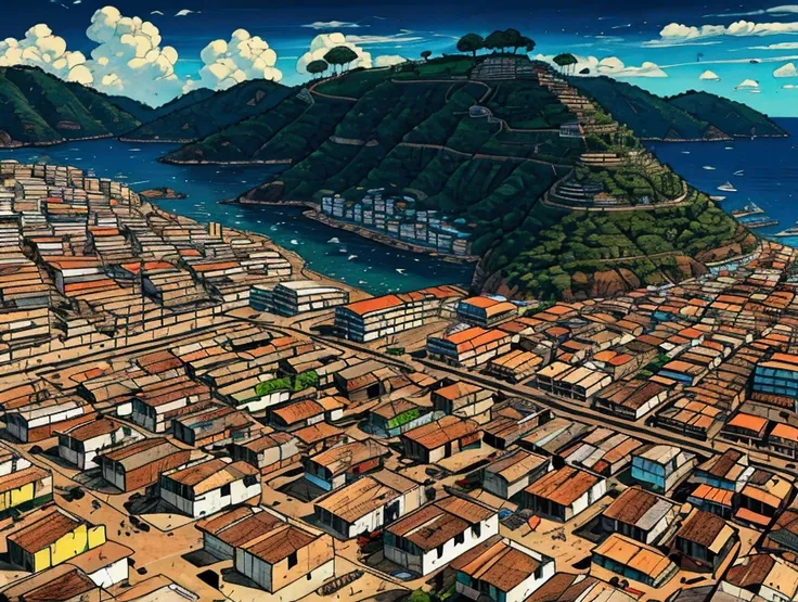 Favelas brasileiras, casas, palafitas, morros, escadarias, becos, ruas, carros, pessoas, cinematic lighting, wide shot, from above, atmospheric perspective, UHD, masterpiece, accurate, anatomically correct, super detail, high details, high quality, best qu...