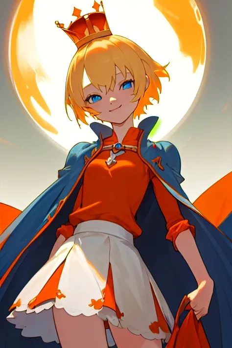 Characters from the game guardian tales,Girl1,Little Princess,blonde hair,short hair,blue eyes,crown,Red short coat,Orange shirt attached to a 2-layer orange and white skirt,Alone,,smile,look at the viewer,Highly detailed images,Outstanding Achievements,