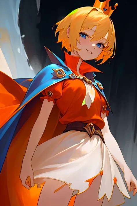 Characters from the game guardian tales,Girl1,Little Princess,blonde hair,short hair,blue eyes,crown,Red short coat,Orange shirt attached to a 2-layer orange and white skirt,Alone,,smile,look at the viewer,Highly detailed images,Outstanding Achievements,