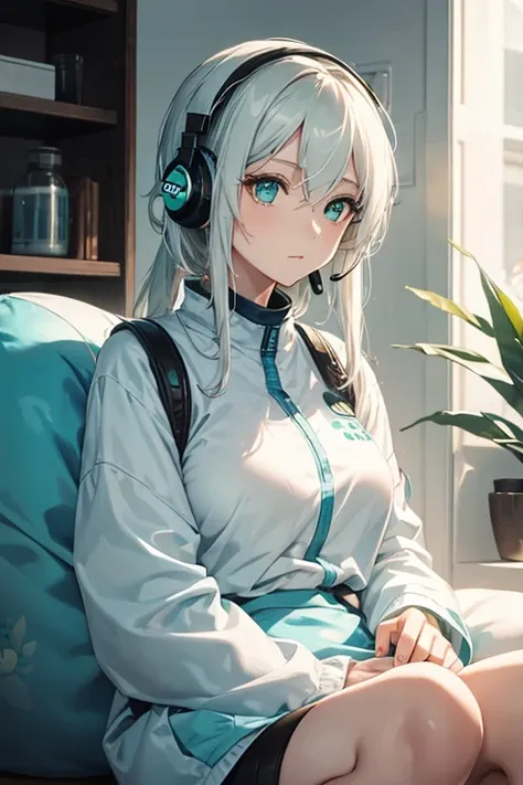 woman, boba tea, light blue bean bag, soft lighting, green eyes, white hair, blue headphones
