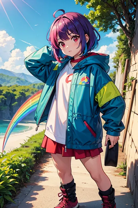 a female child, where she is dressed in adventure clothes. She has rainbow hair and red eyes..