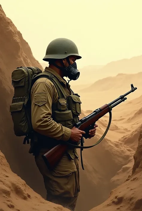 Normal soldier in trench with vest and helmet gas mask and rifle in hands in empty desert drawn image world war ii