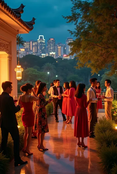 80s style，A group of fashionable people，Chinese，Parties，In the villa garden，On the rooftop，Night，evening，reunion，Reception，wine，Wine Tasting，Suit，High heel（Rich details），（Best quality），Film Style