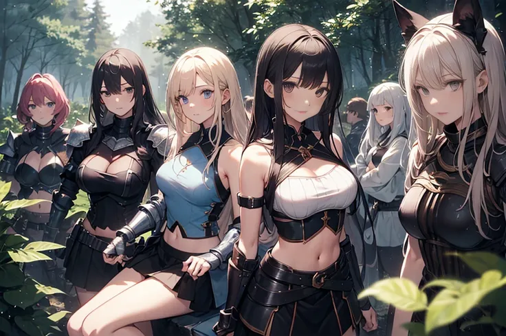 A group of  female knight, (in forest), various hair styles, harem, wearing armored clothes, metal armor, night, details face, , short skirt, seducing, sword, showing armpits, sleeveless, midriff 