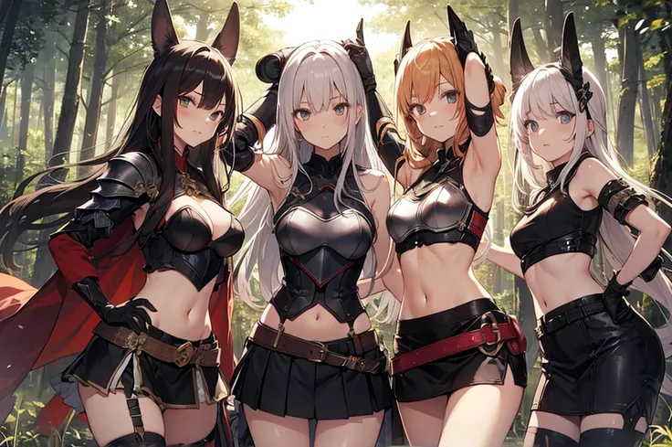 A group of  female knight, (in forest), various hair styles, harem, wearing armored clothes, metal armor, night, details face, , short skirt, seducing, sword, showing armpits, sleeveless, midriff 