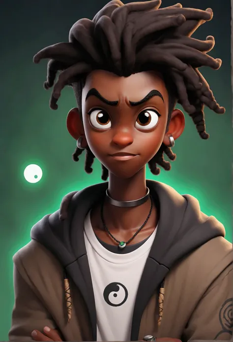 a drawing of an dark skin person with a black dreadlocks and a white shirt, wearing black hoodie with an yin Yang logo on it, halfbody portrait, tyler jacobson style, anime character, cel shaded:15, young anime man, androgynous appearance, shaggy dreadlock...