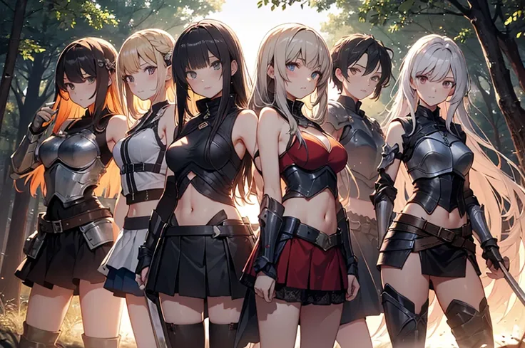 A group of  female knight, (in forest), various hair styles, harem, wearing armored clothes, metal armor, night, details face, , short skirt, seducing, sword, showing armpits, sleeveless, midriff 