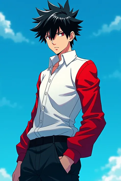 a male anime character with a white shirt and red long sleeves, with black hair, black pants black shoes with white with blue background 