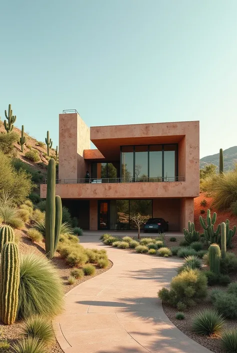 A visually pleasing designed green architecture studio building on a gentle slope, in a hot and arid climate, where nopales and cacti grow, with income for an underground parking lot, with a solar panel system, an interesting facade