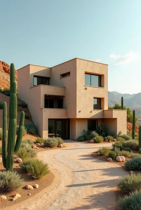 A visually pleasing designed green architecture studio building on a gentle slope, in a hot and arid climate, where nopales and cacti grow, with income for an underground parking lot, with a solar panel system, an interesting facade