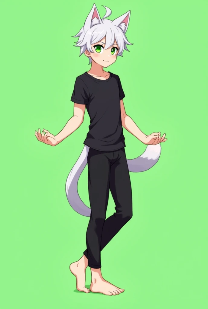 solo, tail, shirt, animal ears, furry, black shirt, pants, green eyes, standing, full body, calico cat, green background, short sleeves, short hair, white hair, looking at viewer, body fur, closed mouth, smile, furry male, male focus, barefoot, 1boy, cat t...