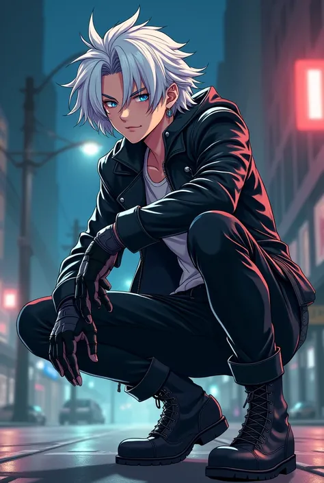 ((masterpiece:1.3)), best quality, anime style, thin anime lines, wind breaker anime style, 1boy, white hair, blue eyes, leather jacket, leather pants, boots, gloves, squatting, city night street, smile, egocentric, smirk, ear piercings
