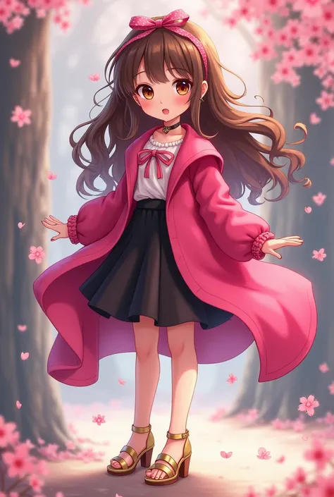 A female anime character who is around 8 years old, has long wavy hair, has brown eyes, wears a hot pink long-sleeved outfit, wears a black skirt and finally wears gold high-heeled sandals.