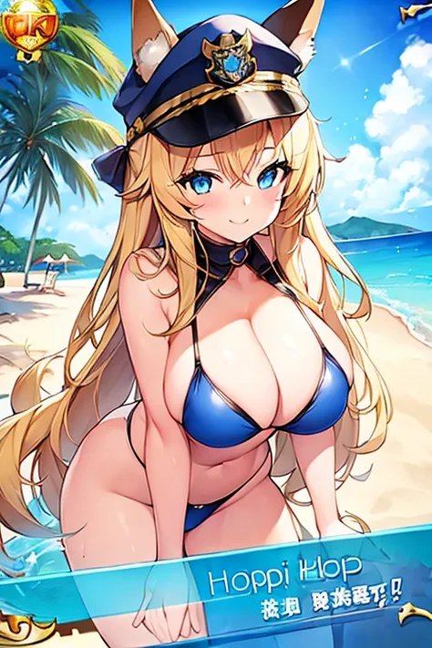 1girl, blonde hairz large breasts, thick thighs, hourglass figure, toned, blue eyes, fox ears, fox tail, police, policewoman, police woman, cop, smile, bikini, blue bikini, highleg, beach, text, number, ((card (medium) ))