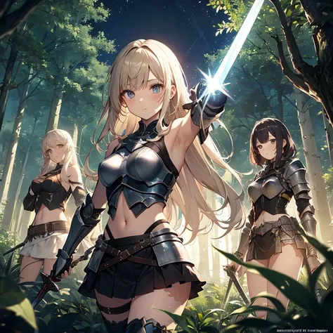 A group of  female knight, (in forest), various hair styles, harem, wearing armored clothes, metal armor, night, details face, , short skirt, seducing, sword, showing armpits, sleeveless, midriff 